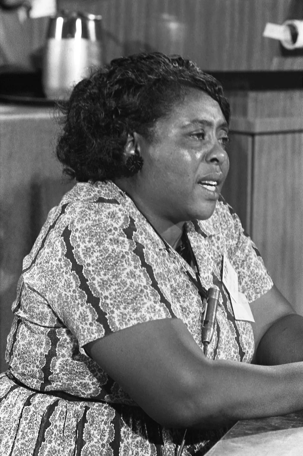 Black woman speaking. Black and white image