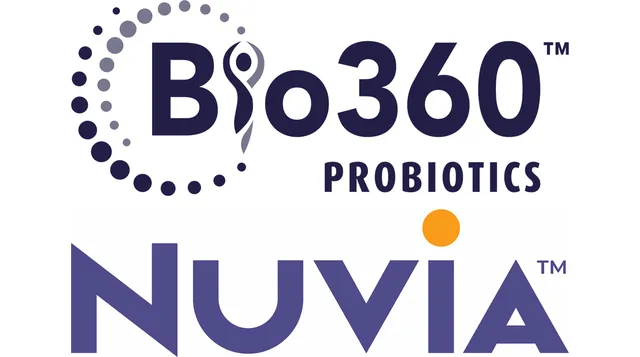 Logo with black text Bio360 probiotics and bigger purple text Nuvia with yellow dot on I