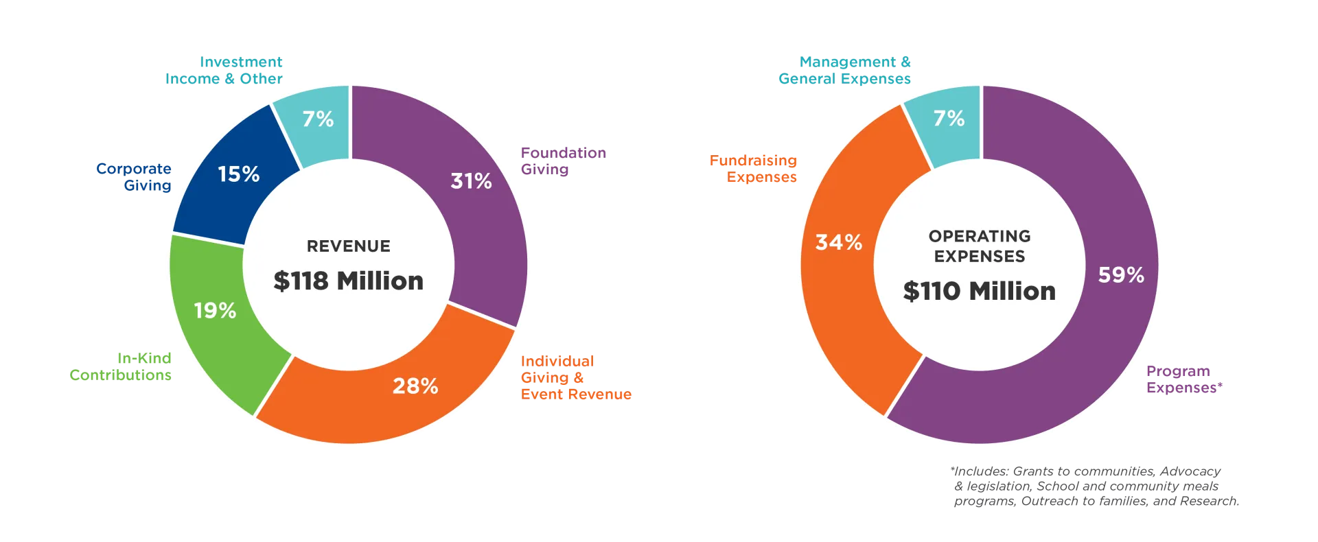 Pie Charts showing Revenue of $118 million and Operating Expenses of $110 million