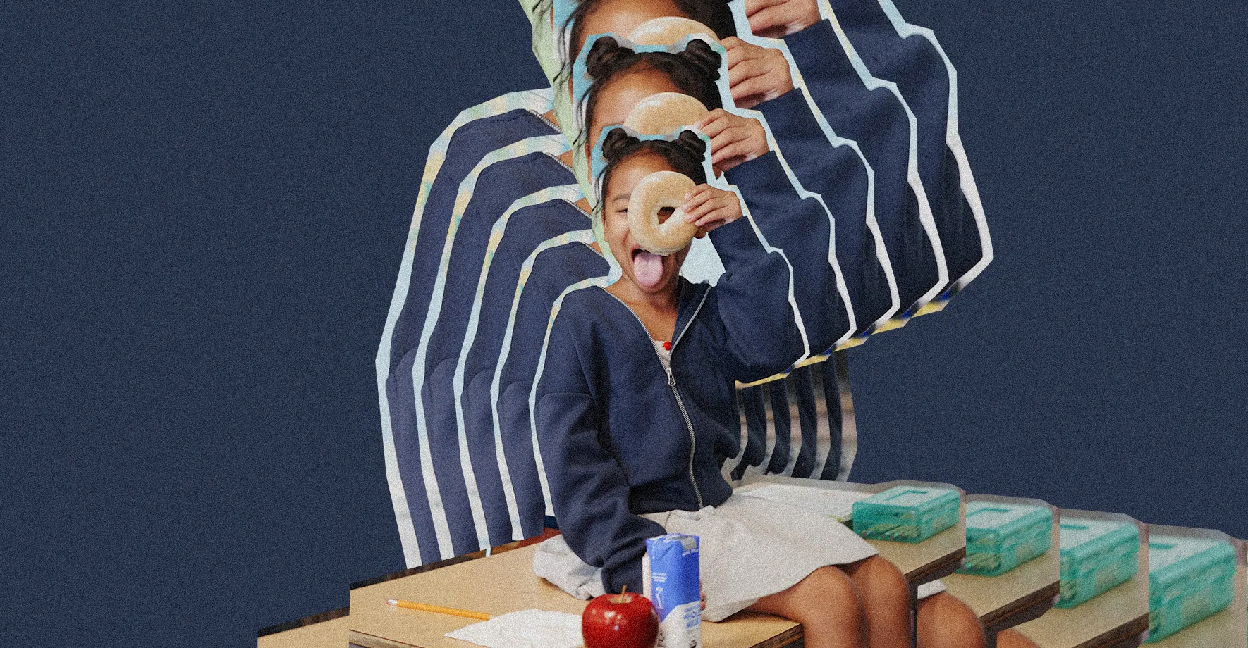 Ripple affect image of a young girl in a blue hoodie and white skirt. She's holding a bagel over one eye as she sits on top of a school desk topped with an apple, juice box, and school papers.