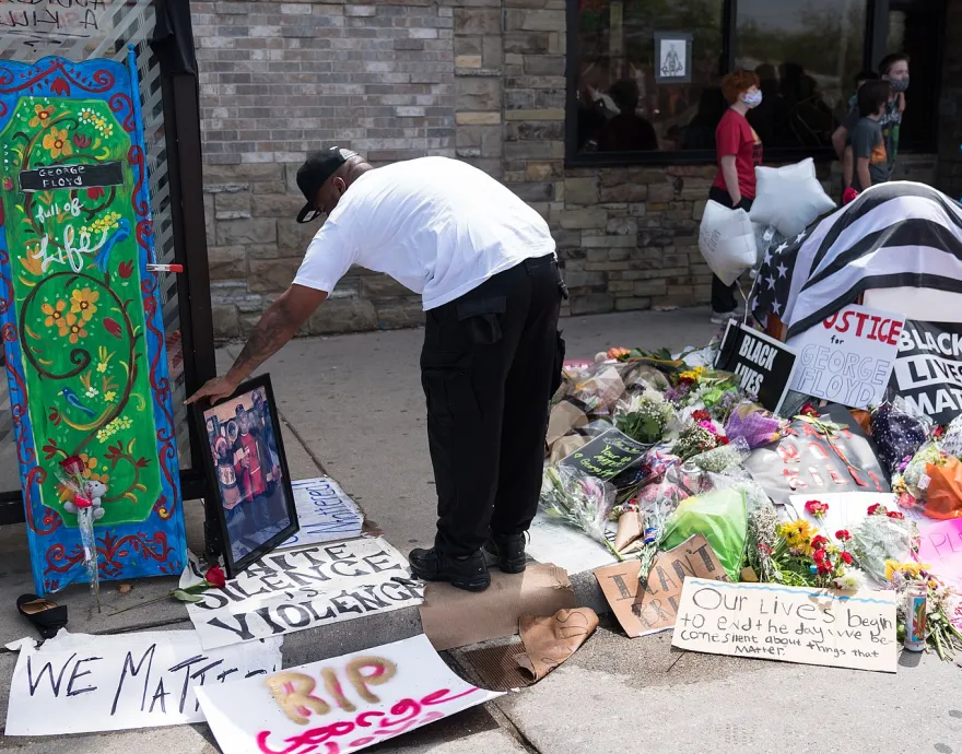 A memorial for George Floyd in Minneapolis, May 28. Photograph by Lorie Shaull, Wikimedia Commons.