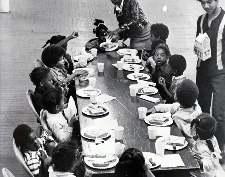 B&W photo of children at Black Panther free breakfast