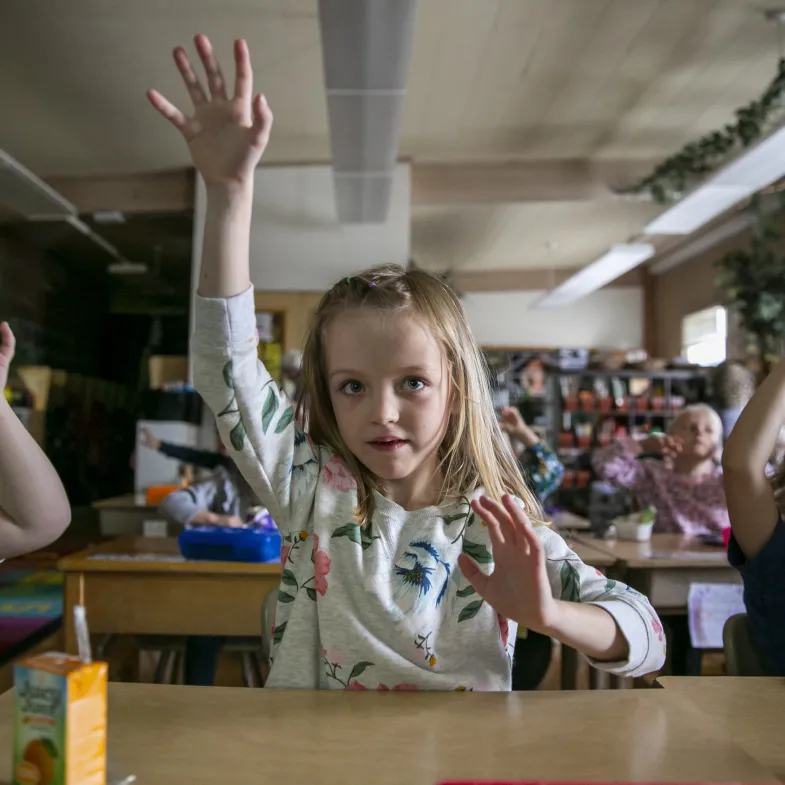 girl raising her hand in class