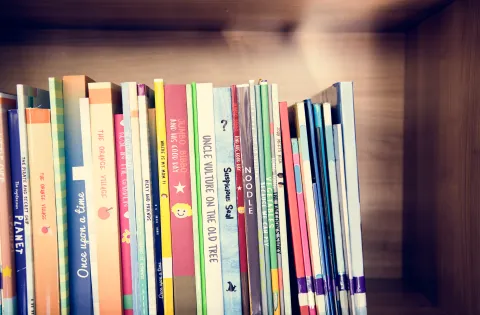 Children's books sit side-by-side each other on a shelf.