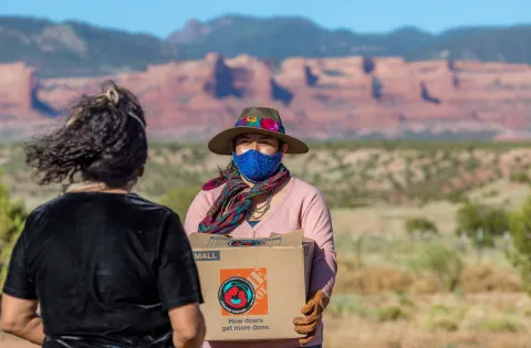 A woman in a mask and wide-brim hat holds a box of food with a desert scene and mountains behind her.