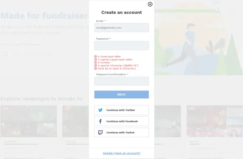 Tiltify Signup Screenshot