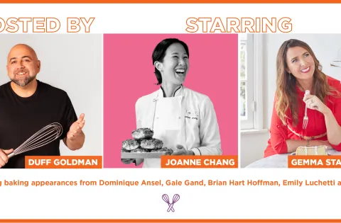 Bake-A-Thon banner. Pictures of three hosts.