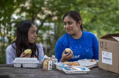 Sisters eating apple