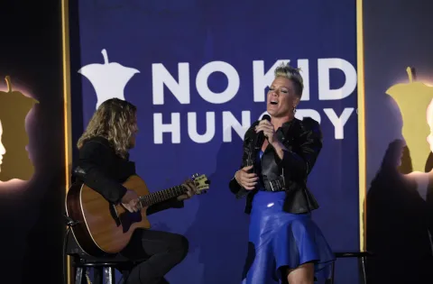 Pink singing with white guitarist