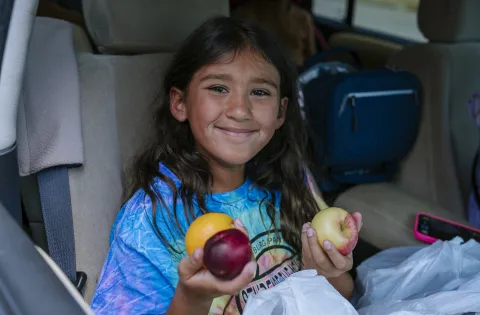 Smiling young girl in blue shirt sitting in car holding up three apples